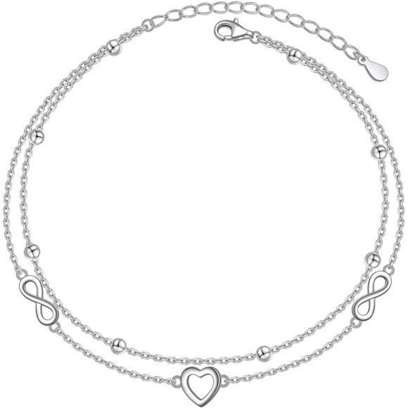 Sterling Silver Heart Infinity Anklet Adjustable Layered Beach Jewelry Women - Picture 1 of 8